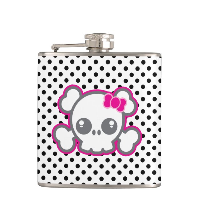 Kawaii Pink Ribbon Skull Flask (Front)