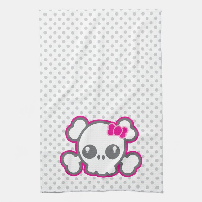 Kawaii Pink Ribbon Skull Kitchen Towel (Vertical)