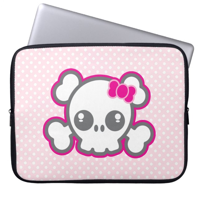 Kawaii Pink Ribbon Skull Laptop Sleeve (Front)