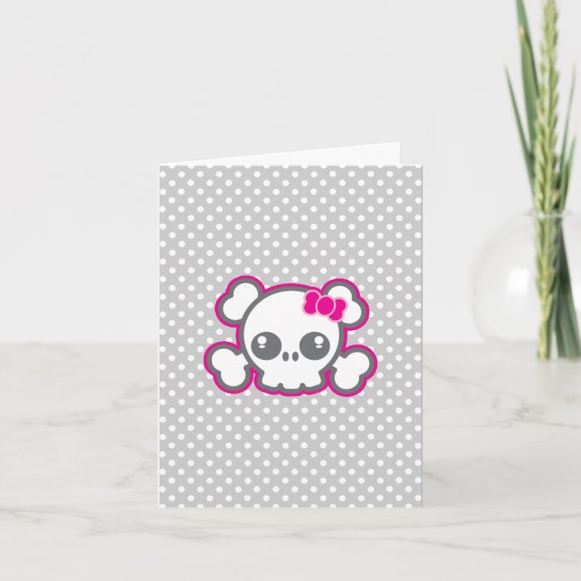 Kawaii Pink Ribbon Skull Note Card (Front)