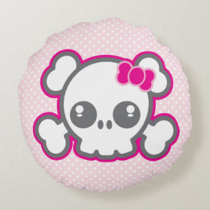 Kawaii Pink Ribbon Skull Round Pillow