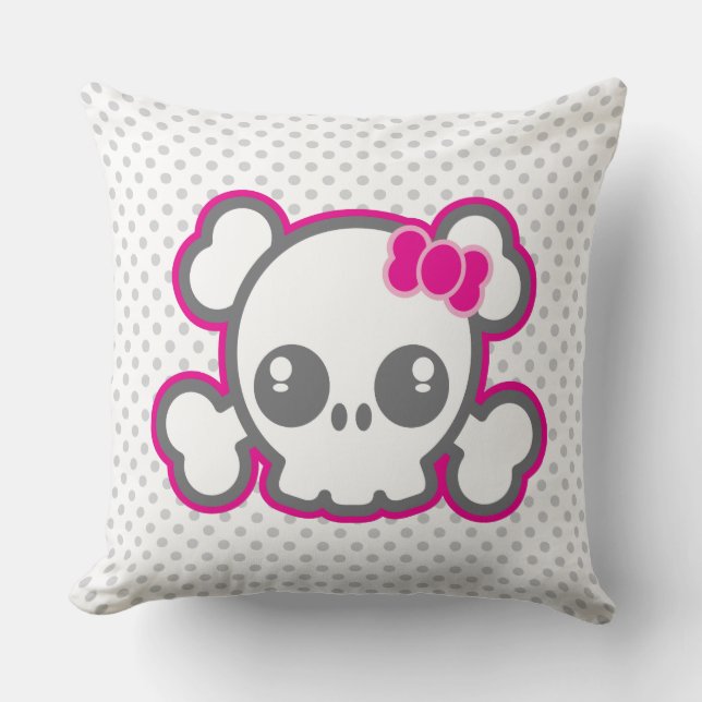 Kawaii Pink Ribbon Skull Throw Pillow (Front)