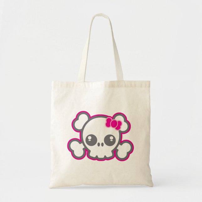 Kawaii Pink Ribbon Skull Tote Bag (Front)