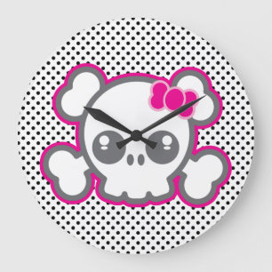 Kawaii Pink Ribbon Skull Wall Clock