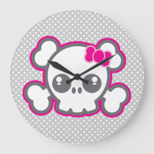 Kawaii Pink Ribbon Skull Wall Clock
