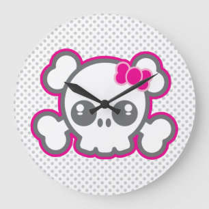 Kawaii Pink Ribbon Skull Wall Clock