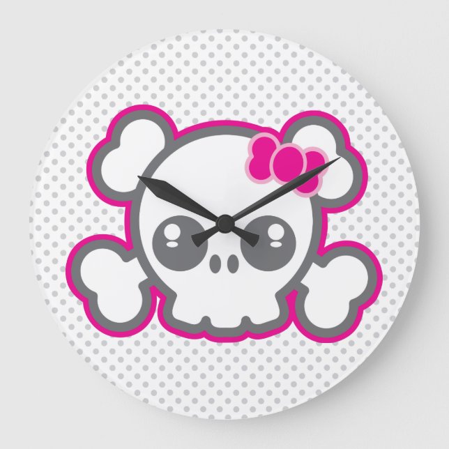 Kawaii Pink Ribbon Skull Wall Clock (Front)