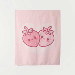 Kawaii Pink Valentines Strawberries Tapestry