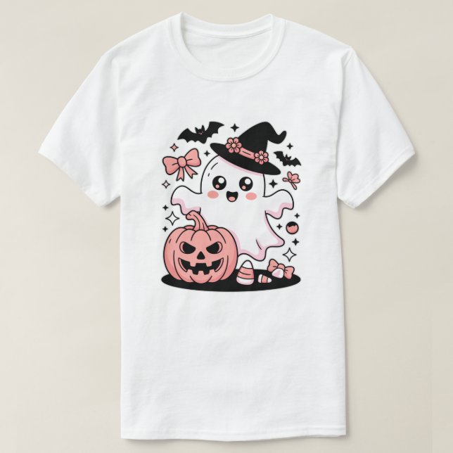 Kawaii Pink Witch Ghost with Pumpkin And Bows T-Shirt (Design Front)