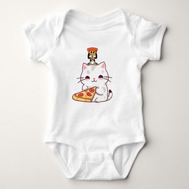 Kawaii Pizza Cat & Little Pizza Buddy Funny Graphi Baby Bodysuit (Front)