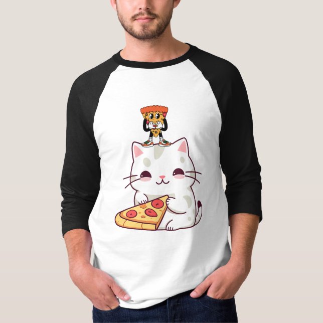 Kawaii Pizza Cat & Little Pizza Buddy Funny Graphi T-Shirt (Front)