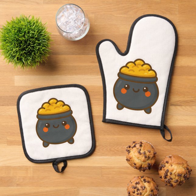 Kawaii Pot of Gold Oven Mitt & Pot Holder Set (Top Down)