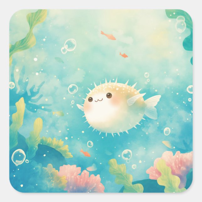 Kawaii Pufferfish Watercolor Under the Sea Nursery Square Sticker (Front)