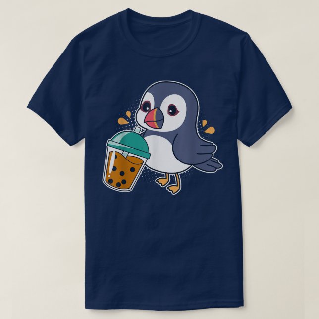 Kawaii Puffin Bird Drinking Boba - Bubble Tea  T-Shirt (Design Front)