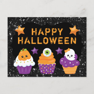 Kawaii Pumpkin Eyeball Ghost Cupcakes Halloween Postcard