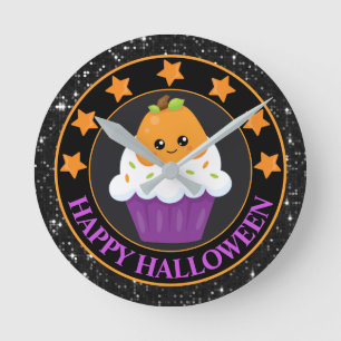 Kawaii Pumpkin Halloween Cupcake Round Clock