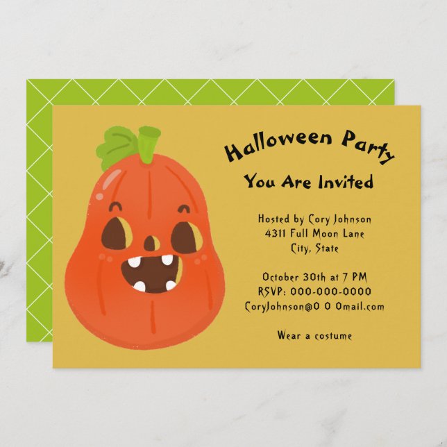 Kawaii Pumpkin Halloween Jack o' Lantern Party Inv Invitation (Front/Back)