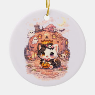 Kawaii Pumpkin House Witch Kitty Ceramic Ornament