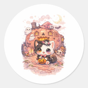 Kawaii Pumpkin House Witch Kitty Classic Round Sticker