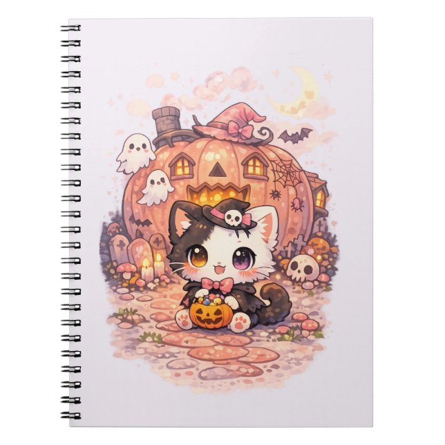Kawaii Pumpkin House Witch Kitty Notebook (Front)