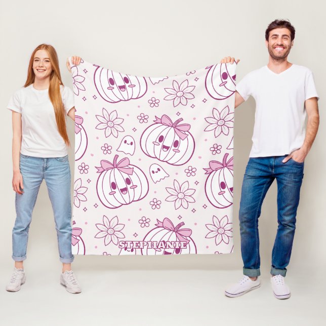 Kawaii Pumpkins, Ghosts & Flowers Fleece Blanket (In Situ)