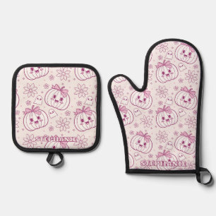 Kawaii Pumpkins, Ghosts & Flowers Oven Mitt & Pot Holder Set