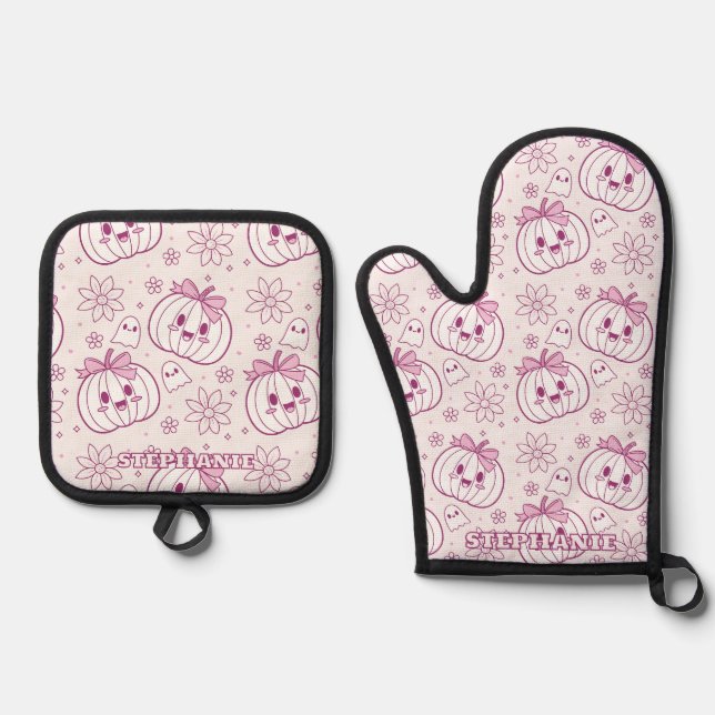Kawaii Pumpkins, Ghosts & Flowers Oven Mitt & Pot Holder Set (Front)