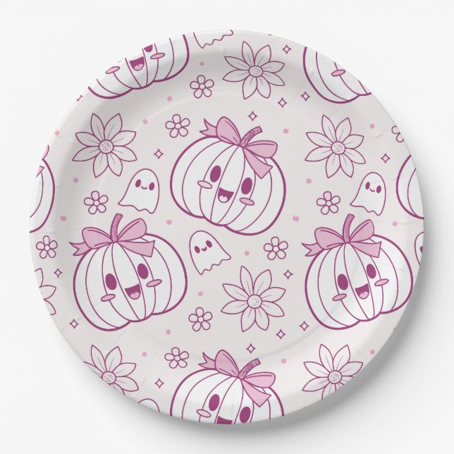Kawaii Pumpkins, Ghosts & Flowers Paper Plate (Front)