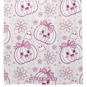 Kawaii Pumpkins, Ghosts & Flowers Shower Curtain