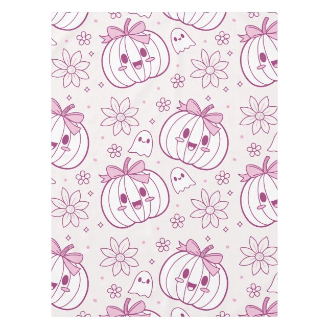 Kawaii Pumpkins, Ghosts & Flowers Tablecloth (Front)