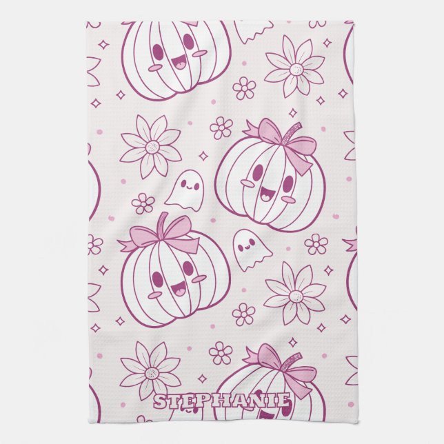 Kawaii Pumpkins, Ghosts & Flowers Tea Towel (Vertical)