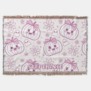 Kawaii Pumpkins, Ghosts & Flowers Throw Blanket