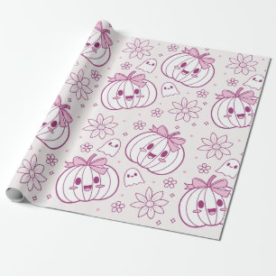 Kawaii Pumpkins, Ghosts & Flowers Wrapping Paper
