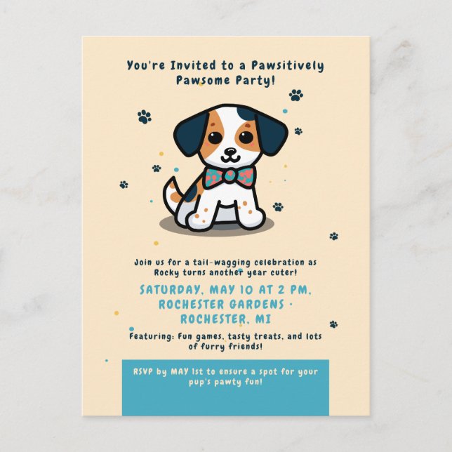 Kawaii puppy birthday postcard invitation (Front)