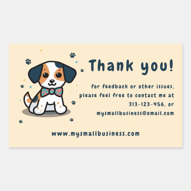 Kawaii puppy thank you business information rectangular sticker (Front)