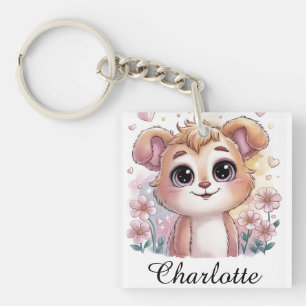 Kawaii Puppy with Spring Flowers and Hearts Key Ring