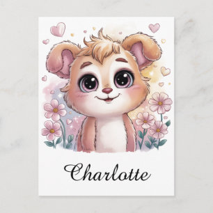 Kawaii Puppy with Spring Flowers and Hearts Postcard