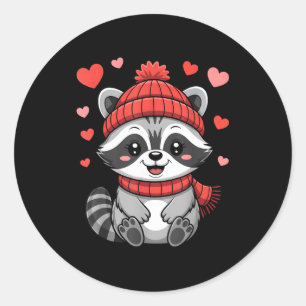 Kawaii Raccoon Valentines Day Hearts Scarf Beanie Classic Round Sticker
