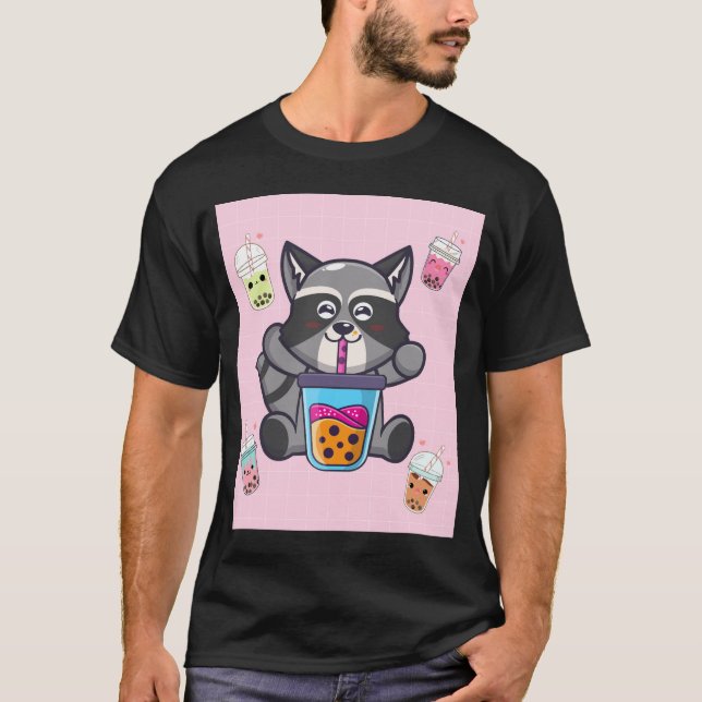 Kawaii Racoon Bubble Boba Milk Tea Japanese Aesth T-Shirt (Front)