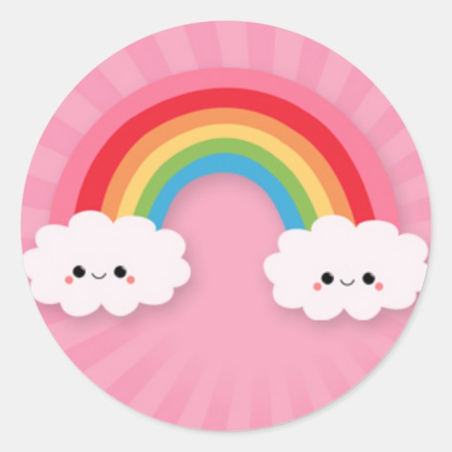Kawaii Rainbow and Clouds on Pink Starburst Classic Round Sticker (Front)