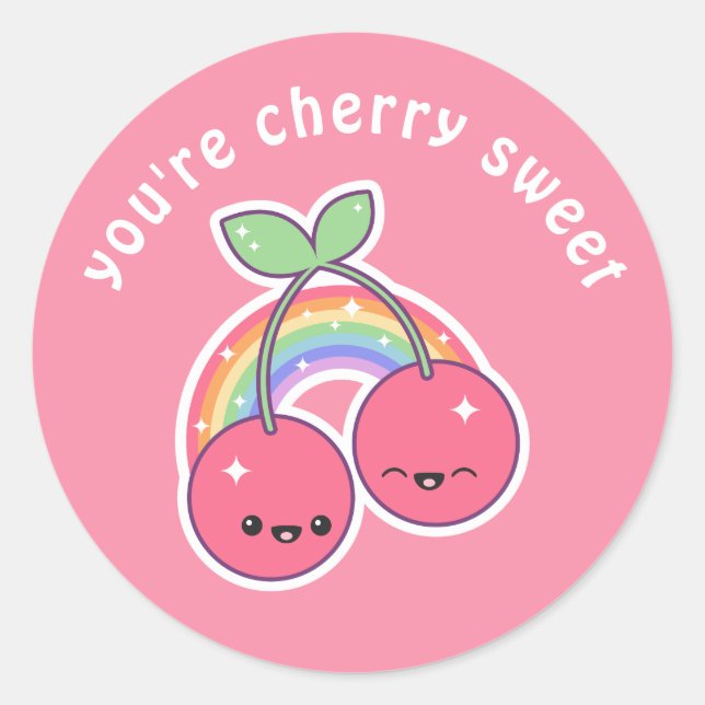 Kawaii Rainbow Cherries Classic Round Sticker (Front)