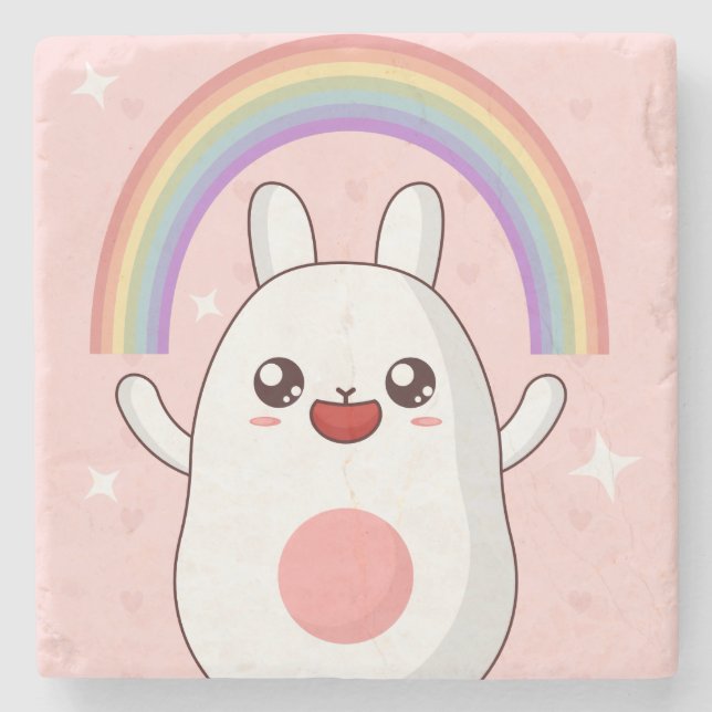Kawaii rainbow clipart stone coaster (Front)