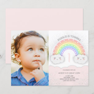 Kawaii Rainbow & Clouds Girl Birthday Photo Invitation