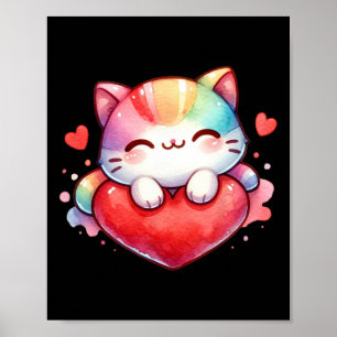 Kawaii Rainbow Cute Cat Hugging Heart Kitty Love C Poster