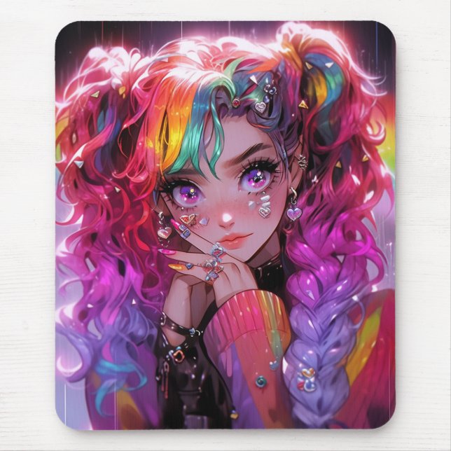 Kawaii Rainbow Hair Braids Anime Girl Mouse Pad (Front)
