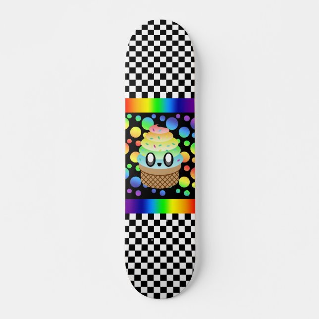 Kawaii Rainbow Ice Cream Cone Chequerboard Skateboard (Front)