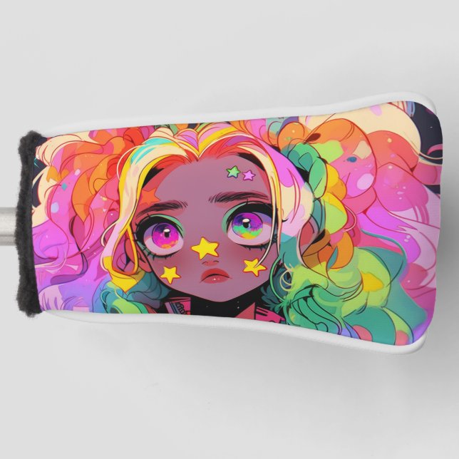 Kawaii Rainbow Neon Colourful Stars Anime Girl Golf Head Cover (Front)