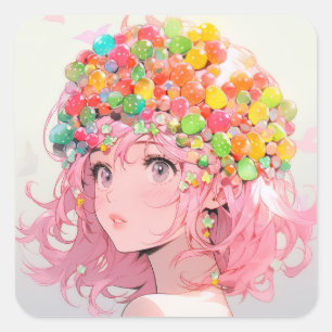 Kawaii Rainbow Pastel Candy Mushroom Anime Girl Square Sticker