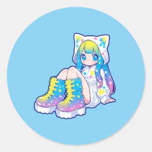 Kawaii Rainbow Star Cat-Eared Girl Classic Round Sticker
