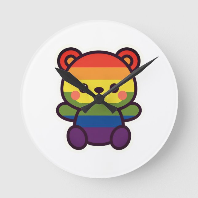 Kawaii Rainbow Teddy – A Cute LGBTQ+ Pride Plush Round Clock (Front)